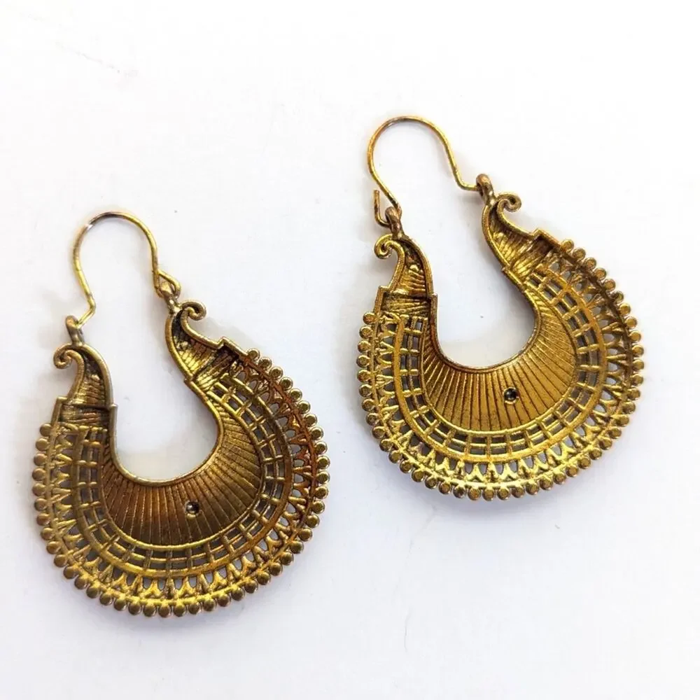 Vintage Antiqued Gold Tone Brass Tibetan Style Ornate Ethnic  Dangle Earrings